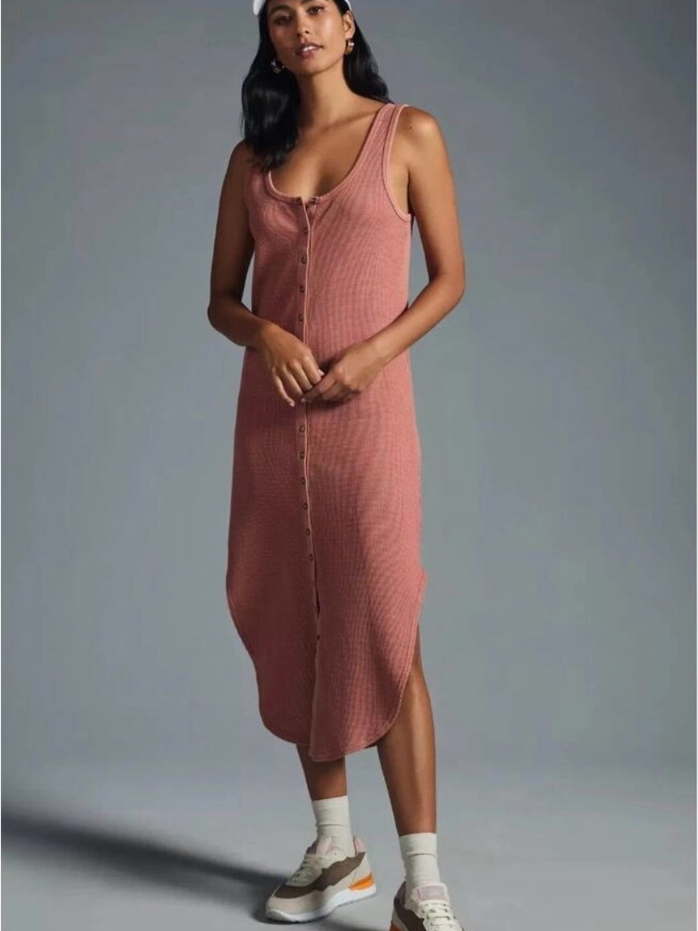 Daily Practice Ribbed Button-Front Tank Midi Dress - Dusty Rose